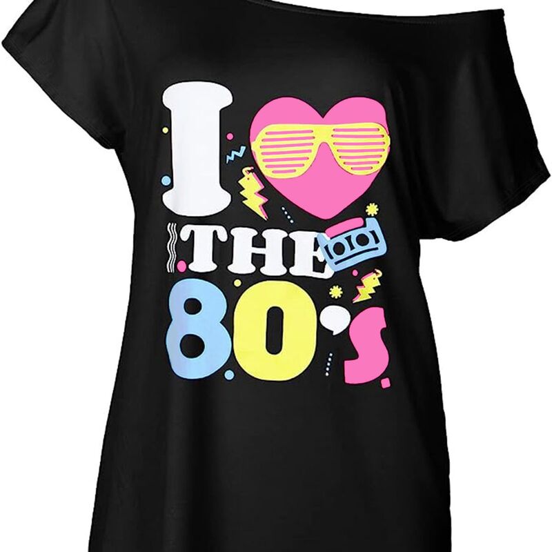 European and American feelings slim slant shoulder T-shirt I LOVE THE 80S letter love graphic printed women's top