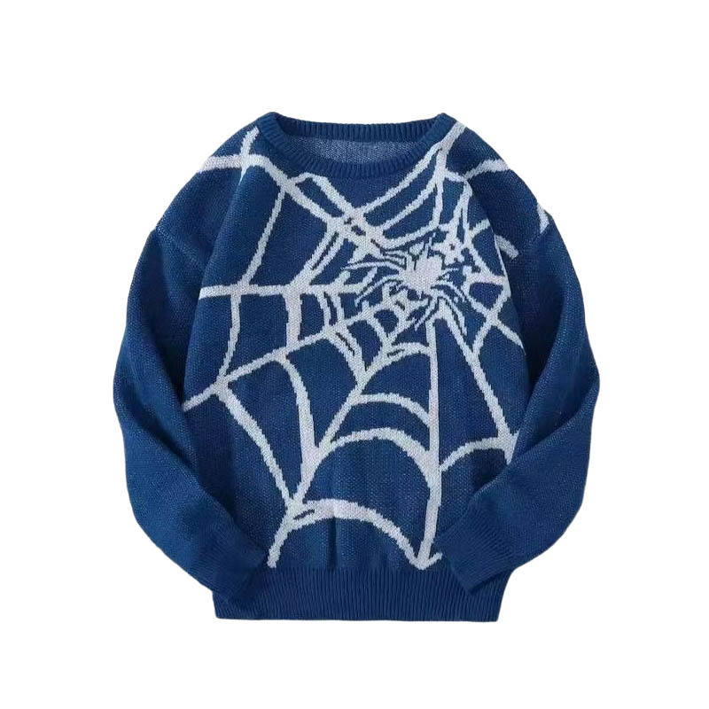 Mode Herren Herbst Neuer Rundhalspullover Amerikanisches Spinnennetzmuster Jacquard Gestricktes Basishemd_voghion.com