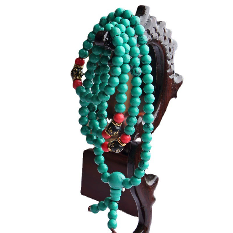 Turquoise rosary with round beads, elastic bracelet walnut