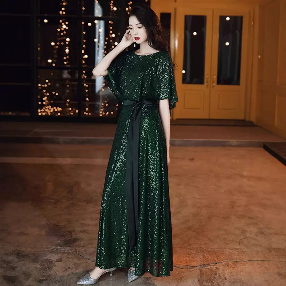 新款绿色亮片大合唱团演出服遮肉主持独唱长裙朗诵礼仪宴会晚礼服