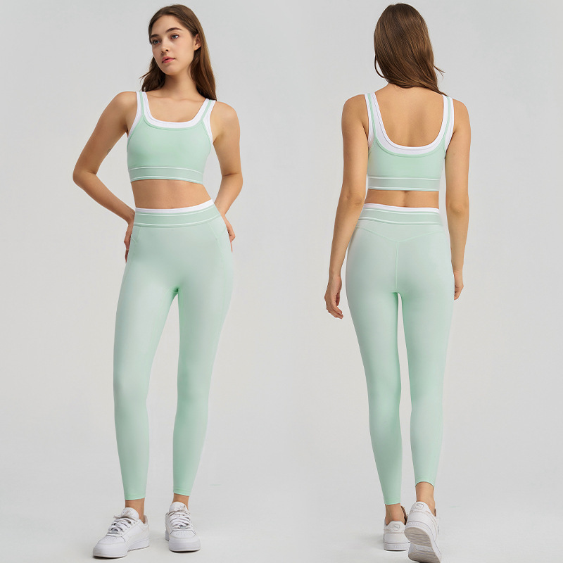 Cross-Border New Fake Two-Piece Contrasting White Striped Hip-Lifting Pants Suspender Running Sports Bra Bra Yoga Suit