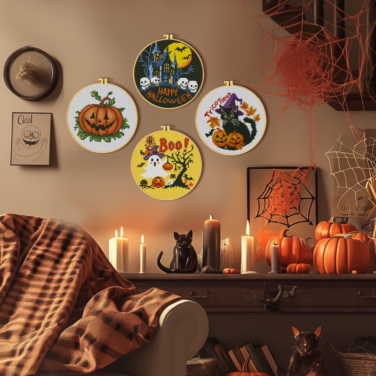 Kit de material para punto de cruz de Halloween, patrón de calabaza fantasma, colgante de bordado DIY sencillo para principiantes, venta al por mayor del fabricante. image 4