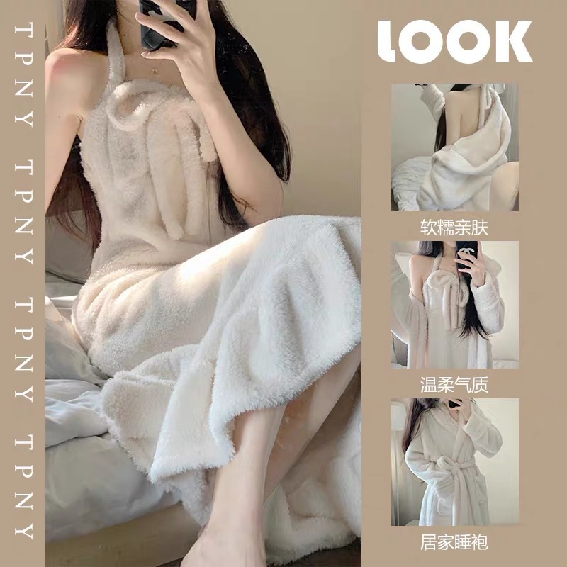 高級感純欲少女珊瑚絨睡衣女冬款新款加厚加絨家居服睡袍吊脖睡裙