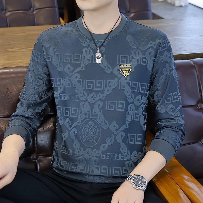 圆领新款时尚卫衣男士长袖T恤虎头时尚秋季休闲潮流提花打底衫