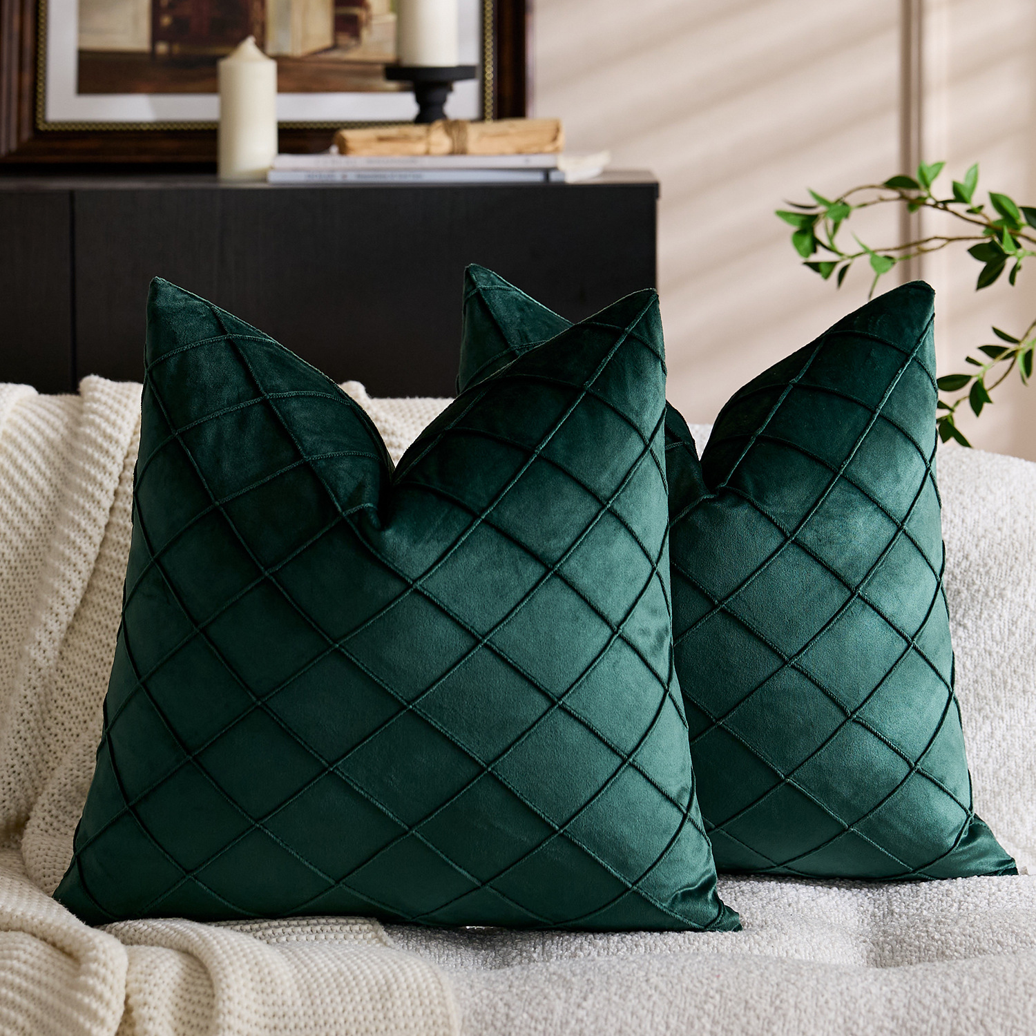 国境を越えた北欧の純色ビロード刺繍の方格子抱き枕カバー