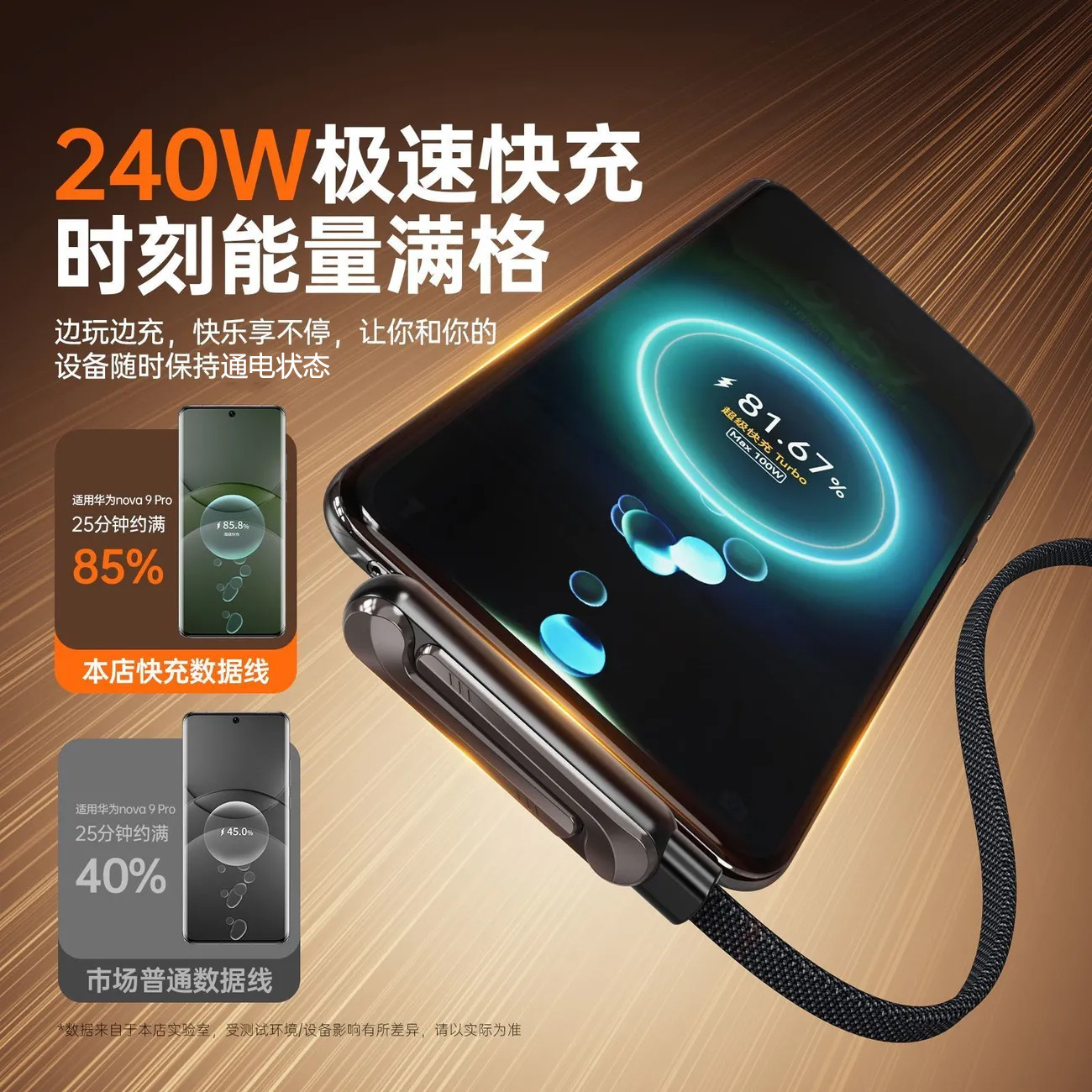 跨境新款 240W折叠支架手机数据线快充编织充电线超级快充游戏追