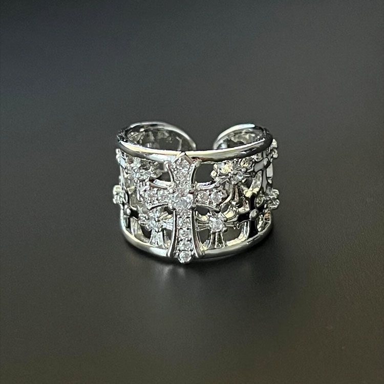 Cross Flower Cut Out Ring for Women, Cool Style, Glue Inlaid Diamond Index Finger Ring, Fashionable, Creative and High-End Open Ring