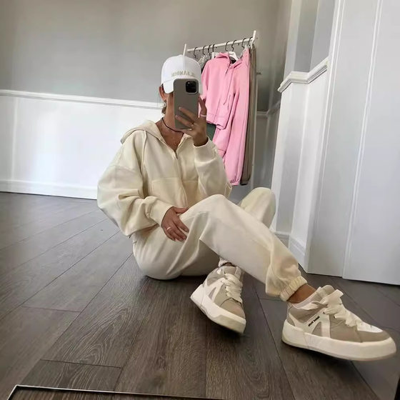 Amazon Cross-border Casual European and American Women's suit Solid Color Long-sleeved Zipper Hoodie Elasto Two-piece Set