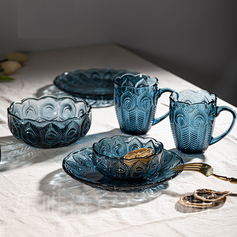 Dark Blue Peacock Salad Bowl Fruit Plate Glass Handle Cup Creative Gift Set Business Event Sign-In Gift Series Soup Bowl