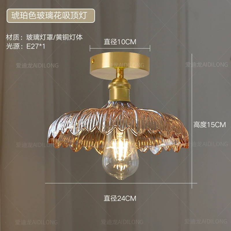 Retro Brass Ceiling Lamp, Cristal Glass Flower Shade, 33×33×22 cm, Multiple Glass Colors