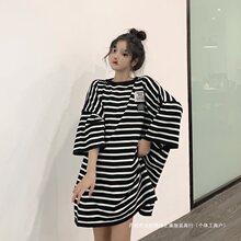 码300斤条纹短袖女宽松慵懒风中长款恤春夏开叉半袖孕妇上衣