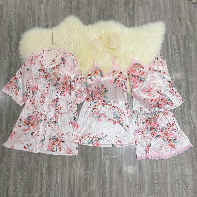 Summer Sexy Lace Sling Shorts + Nightgown Nightgown Nightgown Four-piece Ice Silk Pajamas Women's Home Clothes with Chest Pad