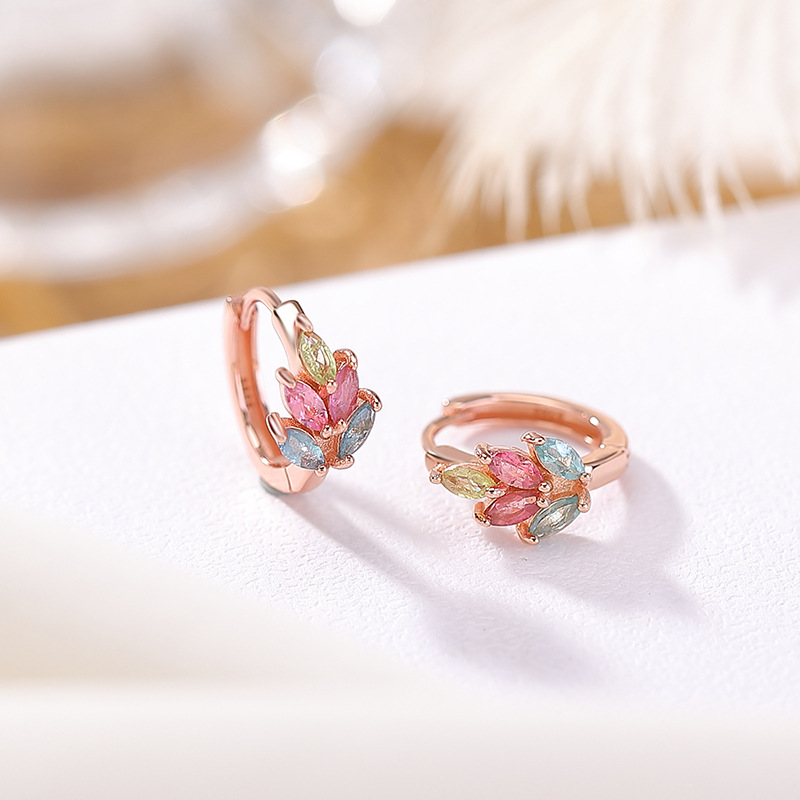Bông tai stud bạc S925 mạ hồng vàng đính đá bích tỉ hình hạt lúa mạch — Một đôi (Bích Tỉ màu sắc ngẫu nhiên)