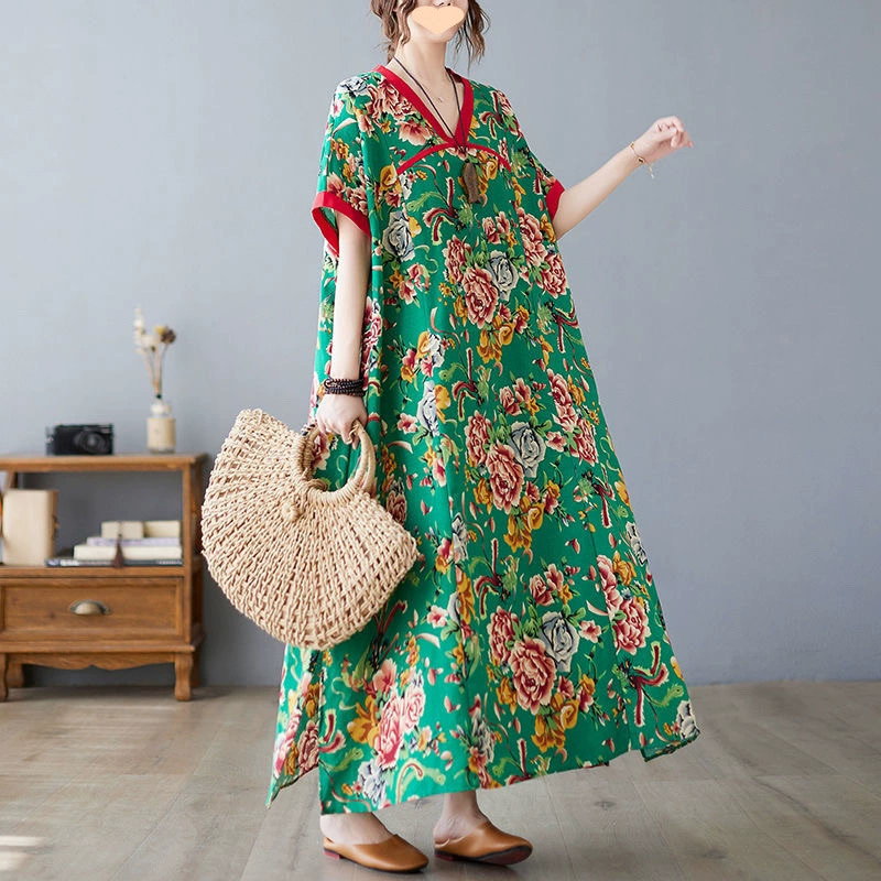 Летнее платье из хлопка и льна с принтом, новое свободное платье больших размеров в китайском стиле Hanfu, улучшенное утягивающее длинное платье, элегантное платье с короткими рукавами