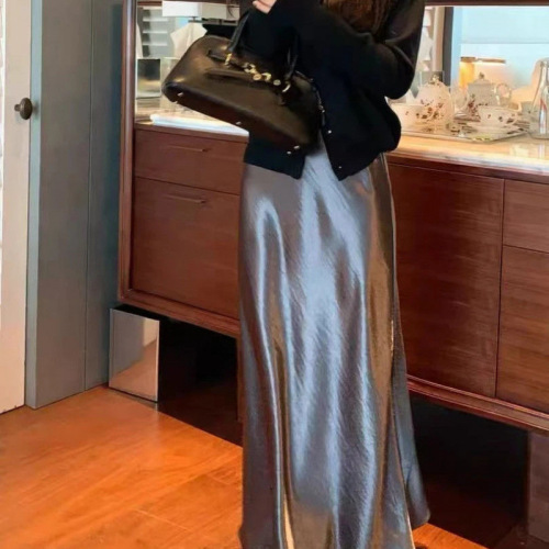 Acid satin half-sleeve skirt women's autumn new silk smooth long umbrella skirt a word high-grade buttocks fish tail skirt 
