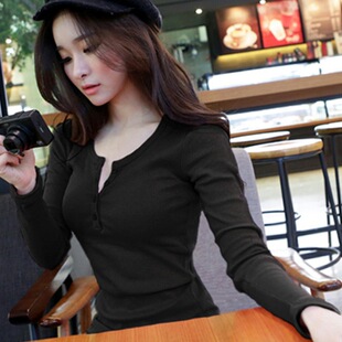 # Autumn Button Thread Solid Color Long Sleeve T-shirt New Women's Slim Fit South Korea New Top Base Shirt Outer Wear Fashion