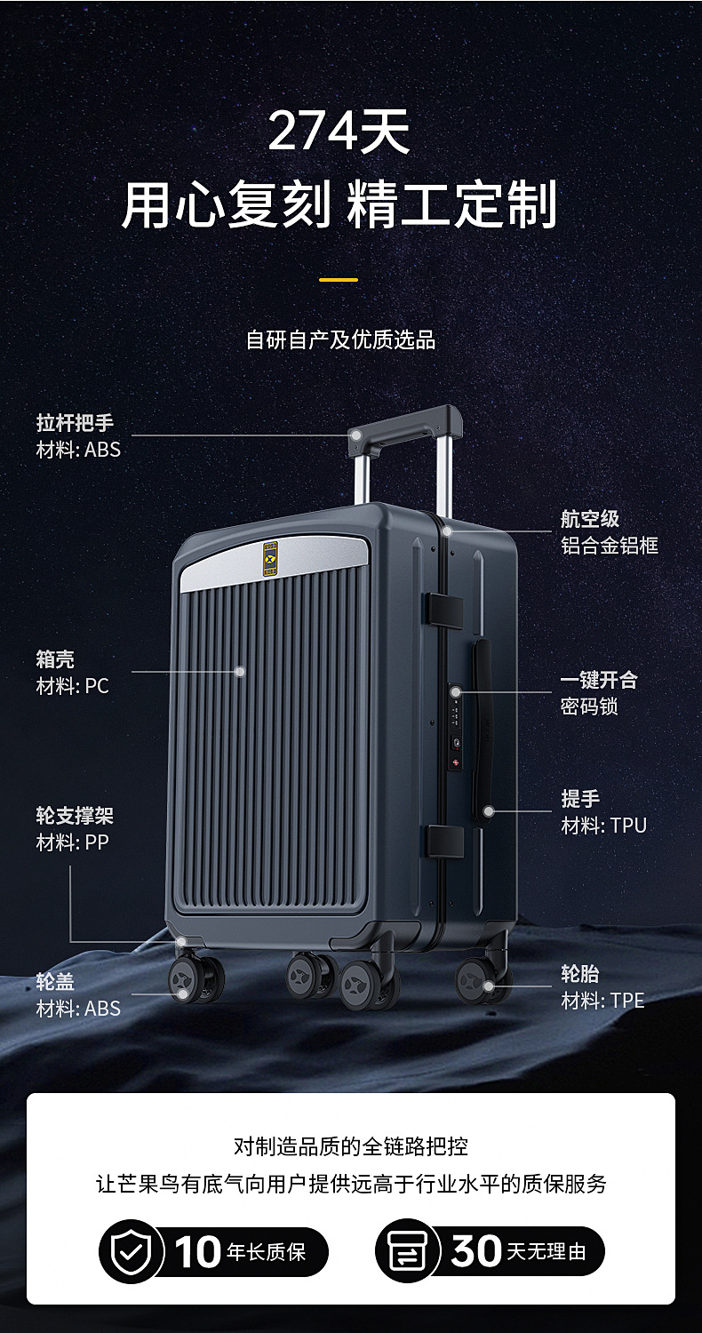Vali nhôm khung Mango Bird mở nắp trước, size cabin 20 inch kèm khóa số — Khóa kéo thông thường kinh doanh lao động lớn màu đen có thể lên máy chi tiết 6