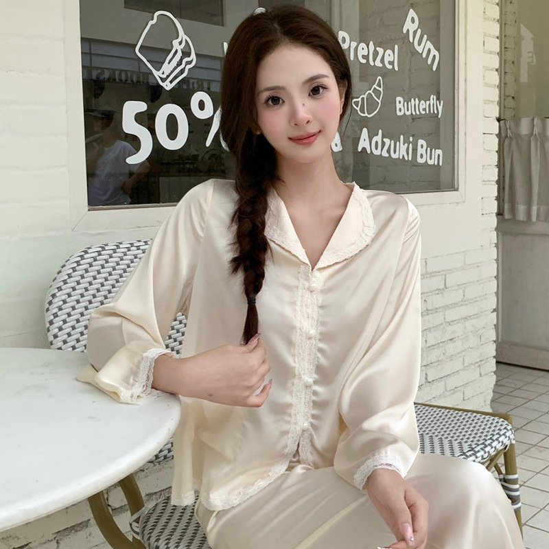 Spring and Autumn Summer Thin Ice Silk Women's Pajamas Wave Solid Color Long Sleeve Cardigan Internet Popular French Elegant Home Clothes