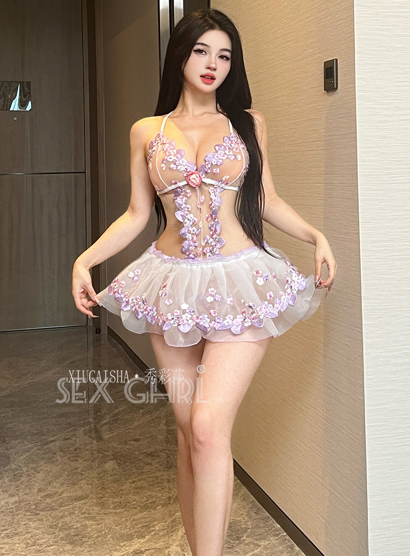 Xiu Cai Sha Lace Embroidery Sheer Babydoll Set with Skirt, Thong and Stockings — detail image 22