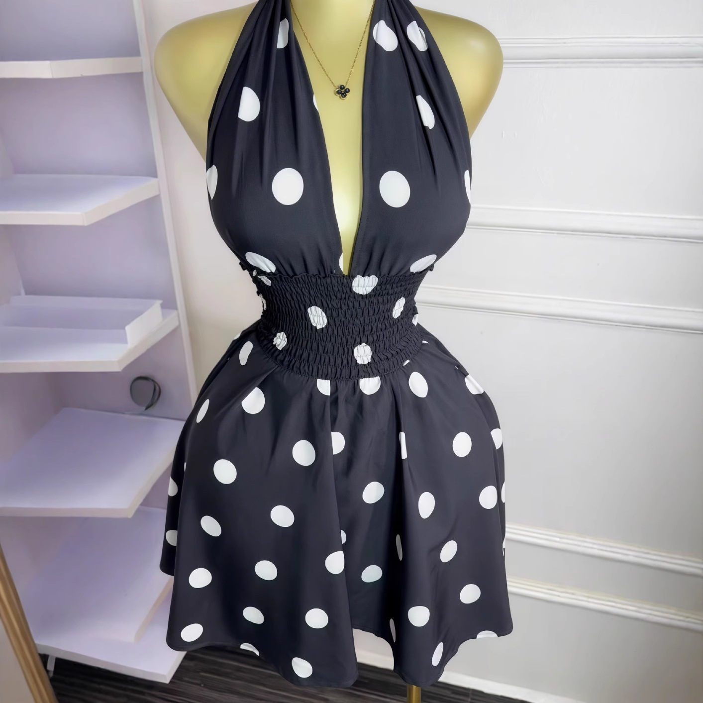 Women's Polka Dot Backless Wrap Dress – Sleeveless V-Neck Mini Dress With Adjustable Waist Tie (Summer Trend)_ecoleips.com