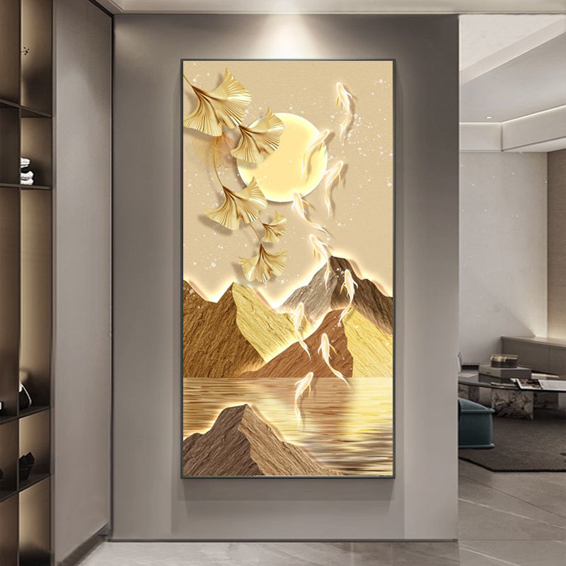 九鱼图玄关装饰画新中式山水走廊过道壁画灯画入户正对门客厅挂画|undefined