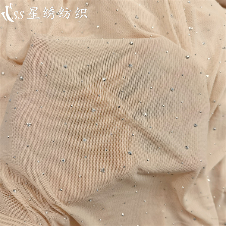 四面弹40D涤氨网纱面料不规则大小银钻烫钻特柔紧身衣瑜伽服布料