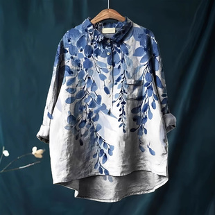 Real Shot Spot Foreign Trade New Casual Hawaiian Long-Sleeved Cross-Border Women's Long-Sleeved Shirt Cotton and Linen Large Size Top