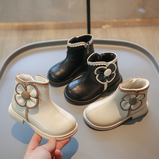 Girls' Boots 2024 Autumn and Winter New Kidsren's Boots Princess Shoes Two Cotton Fleece-Lined Style Leather Boots Short Boots Single Boots