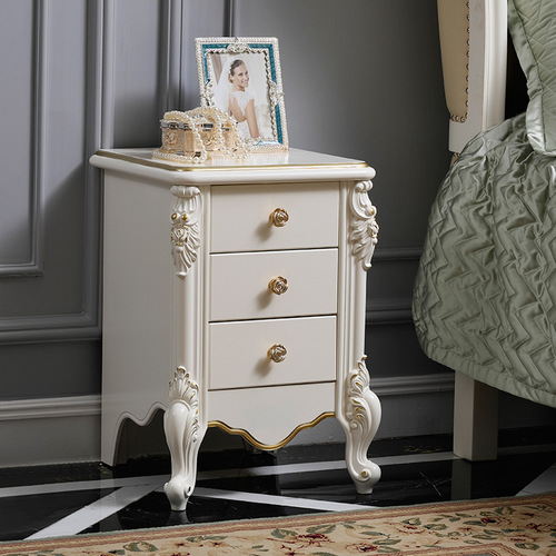 BB4C wholesale European style bedside table for bedroom simple modern multifunctional white gold painted solid wood carved French style