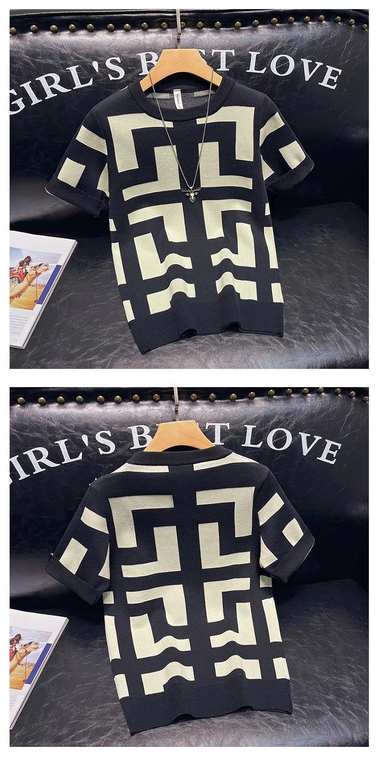 Spring And Autumn Hot-selling New Geometric Pattern Short-sleeved Men's Slim-fitting Casual Knitted Top T-shirt_viptrois.com