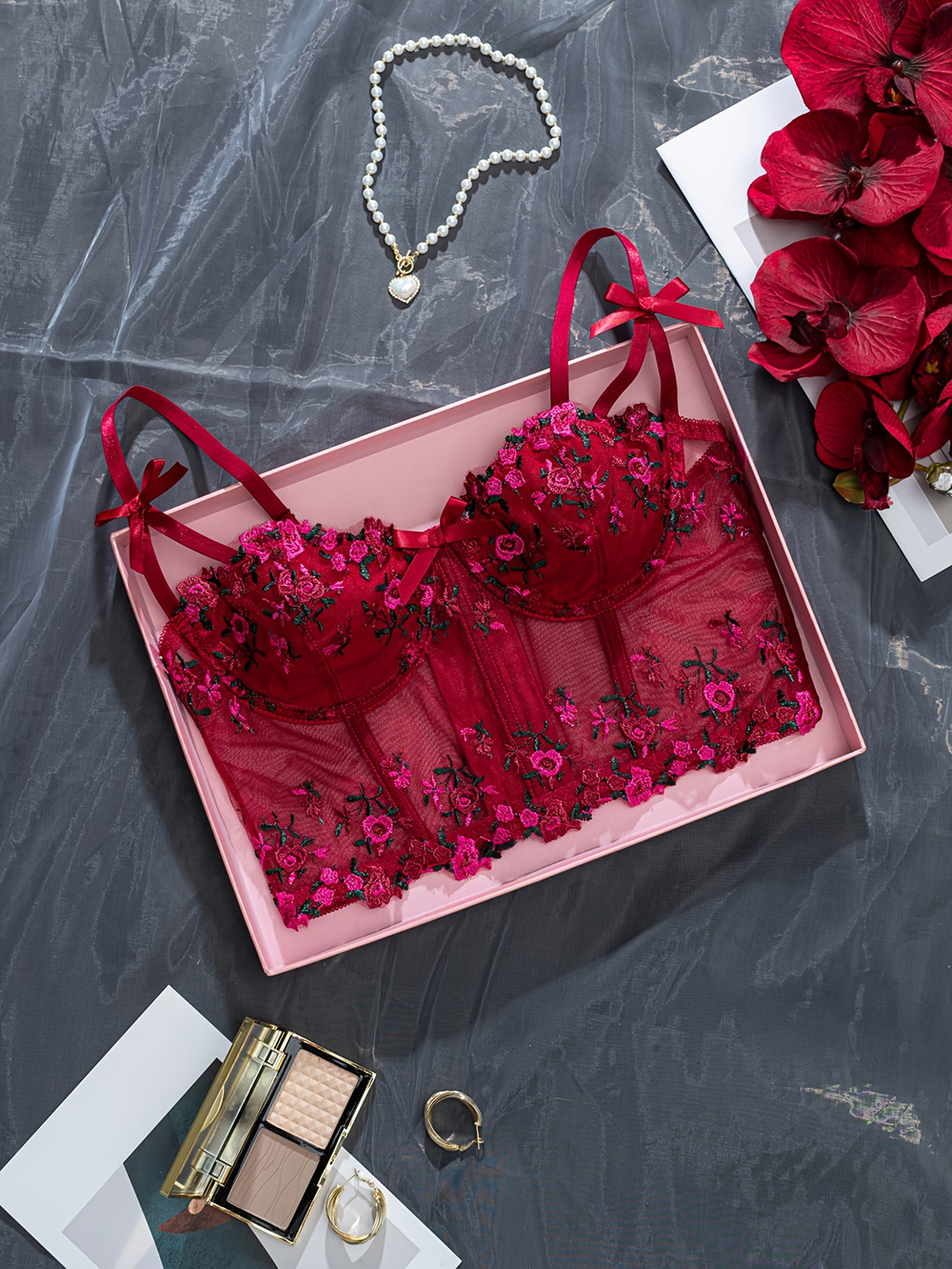 Women's Floral Embroidered Bra With Bow And Adjustable Straps_voghion.com