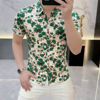 高端夏季时尚冰丝薄款透气衬衣男装碎花中年男士冰丝衬衫短袖代发