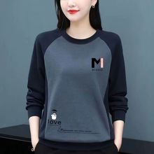 纯棉中年圆领卫衣女2022秋新款拼接大码长袖印花妈妈恤上衣