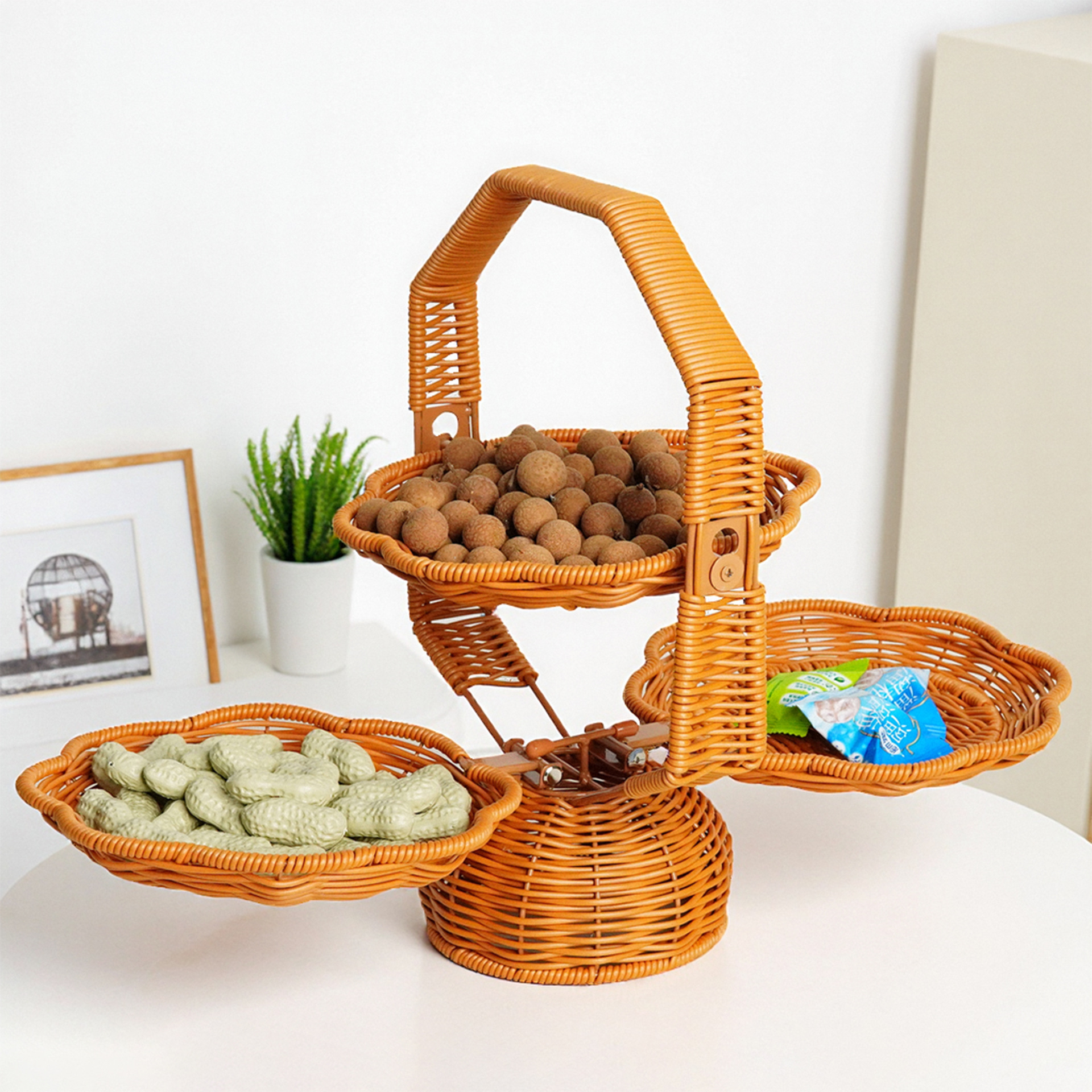 仿藤编可折叠双层水果盘家用零食糖果篮创意编织篮下午茶展示架