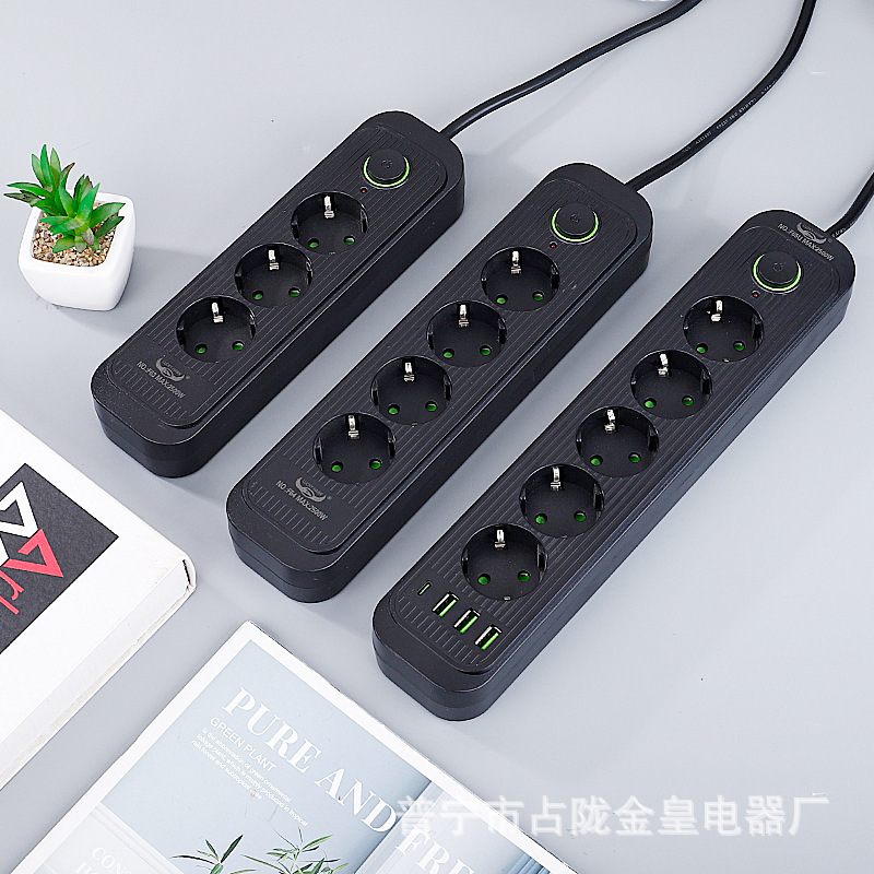 Negro europeo estándar europeo dos puertas de seguridad a tierra USB-C carga 2.1A enchufe de fila