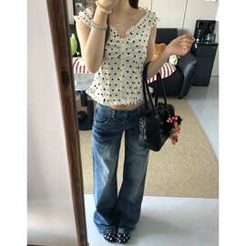 牛仔裤女夏季设计感刺绣水洗抓痕微喇裤低腰不贴腿显瘦拖地喇叭裤