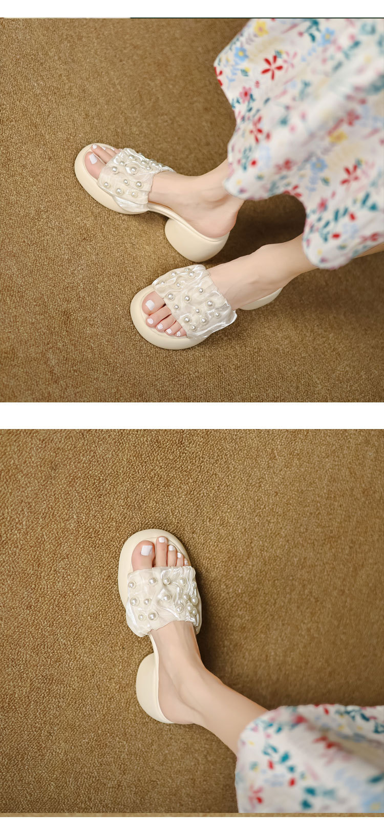 Dép sandal nữ quai chữ V đính ngọc trai, đế xuồng cao gót 9 cm — màu đen, màu trắng ngà chi tiết 4