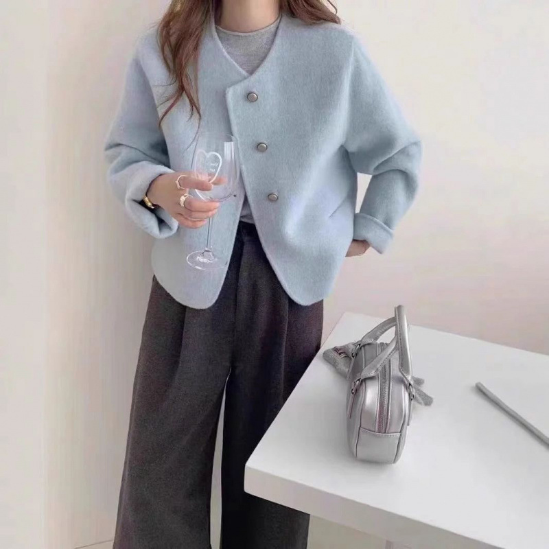 2025年小香风马卡龙色系羊绒大衣女短款气质韩版圆领羊毛外套|undefined