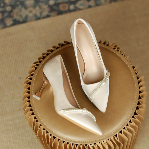 Stylish and Exquisite French Champagne Wedding Shoes for Women, Niche High-End, Elegant Pearl Adult Ceremony Guest Shoes, High Heels