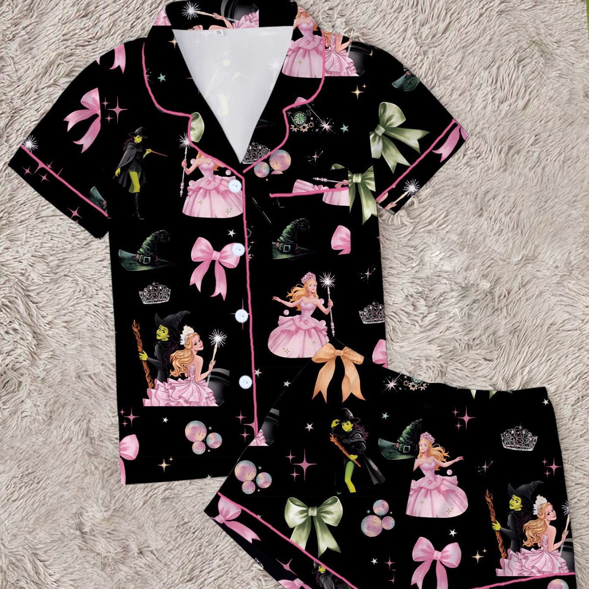 Women's Princess & Witch Print Pj Set – Soft Milk Silk Short Sleeve Loungewear With Collar (Black, S-Xl) | Sleepwear & Homewear_voghion.com