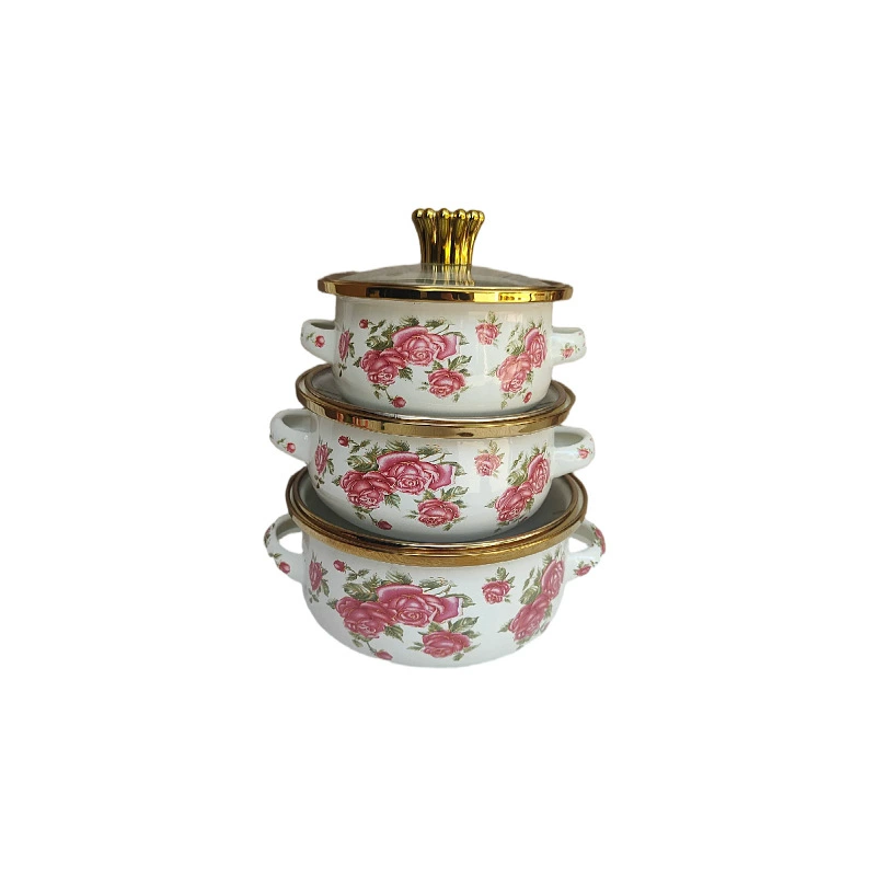 Thickened three-piece set of enamel enamel pot double-ear soup pot boiling pot instant noodles bowl small hot pot lard bowl household soup bowl