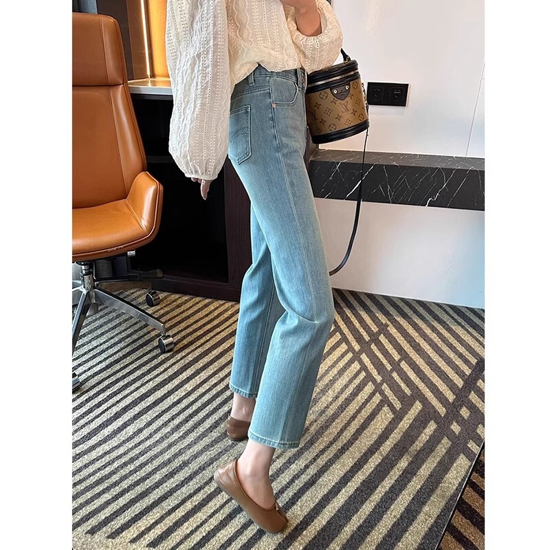 Light-Colored Baguette Straight-Leg Jeans for Women, Spring and Autumn 2025 New Style, Plus-Size, Stretchy, Petite, Cropped Cigarette Pants