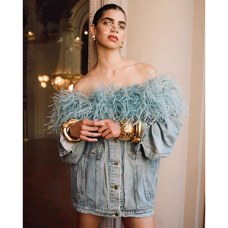 In-Stock Socialite Light Luxury Fluffy Feather Off-Shoulder Loose Long-Sleeve Jacket Slimming Casual Denim Coat Spring