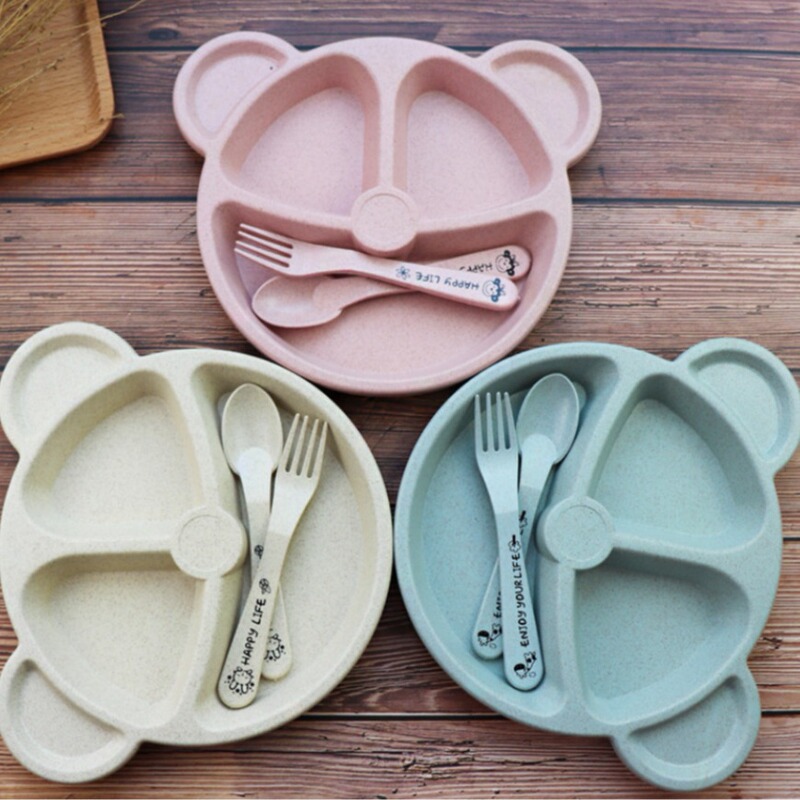 Wheat Split Bear Children's Dinner Plate Set Creative Household Tableware Baby Split Plate Breakfast Plate with Fork and Spoon