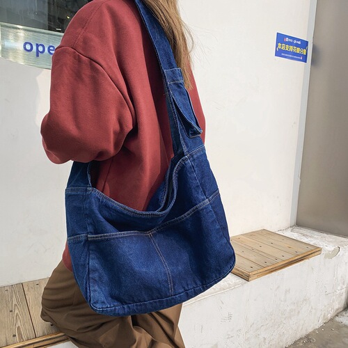 Lazy style denim canvas bag women's shoulder bag Korean style retro college casual shopping bag large capacity class backpack