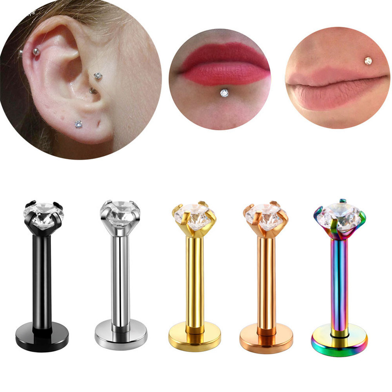 Stainless steel inner tooth lip nail lip ring round zircon ear bone nail human body piercing jewelry