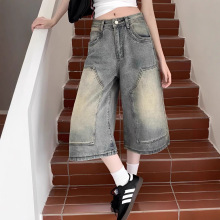 2025夏季新款高街宽松显瘦直筒阔腿裤美式水洗做旧牛仔七分裤女式