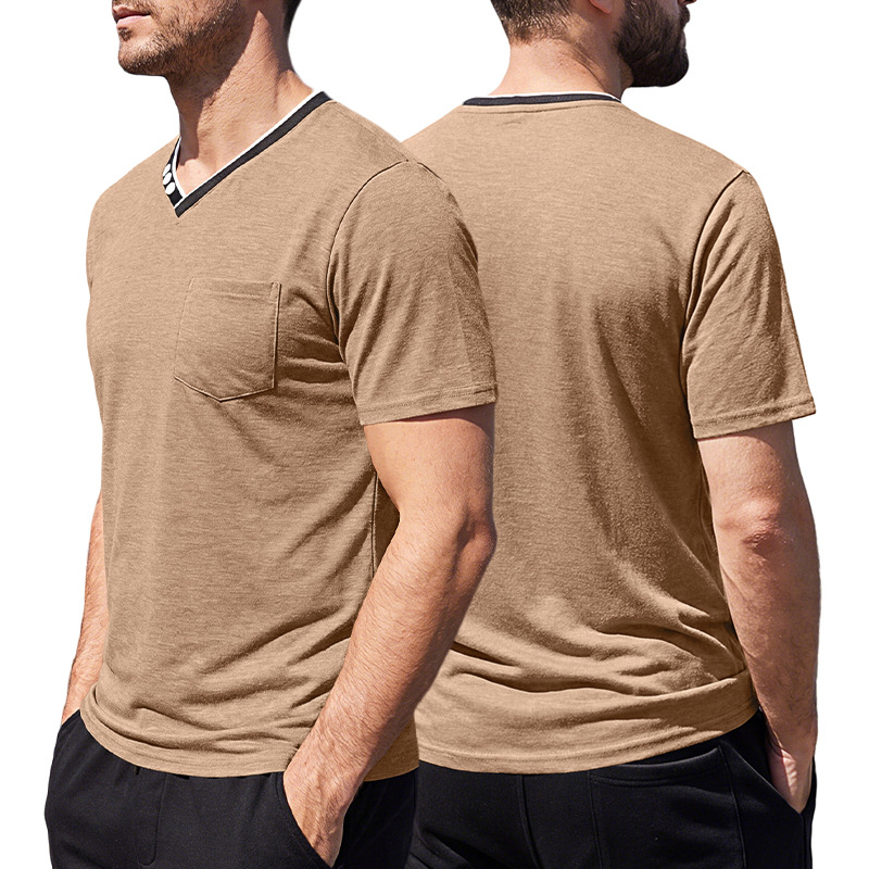 Transfronterizos eBay verano nuevo hombre color contrastante cuello V camiseta delgada grande americano con bolsillo casual deportivo mangas cortas