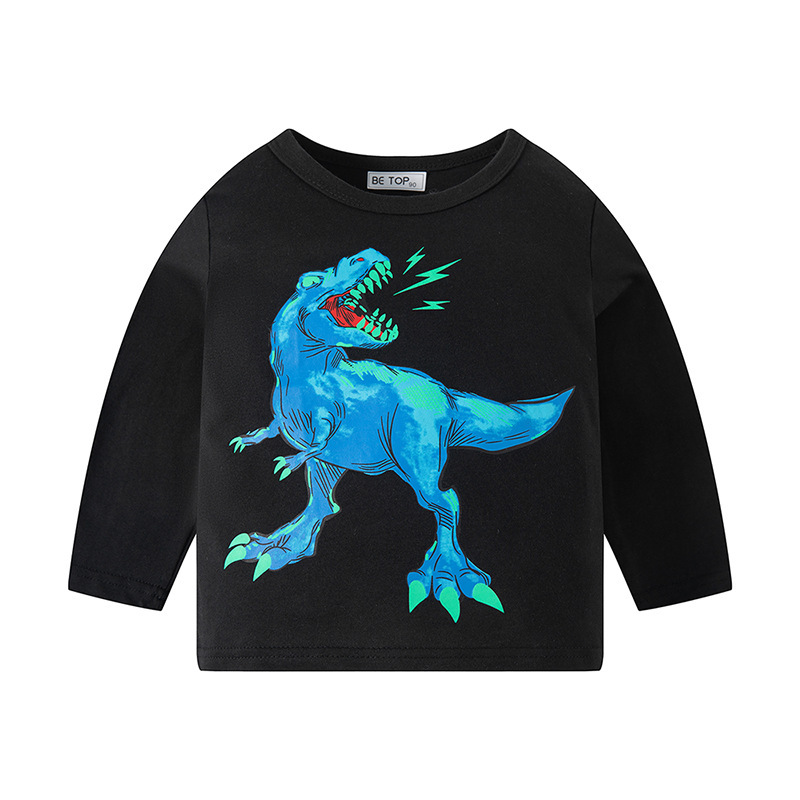 Muestras personalizadas be top ropa infantil de dibujos animados dinosaurios de algodón para niños camiseta de manga larga para niños camiseta de cuello redondo de otoño
