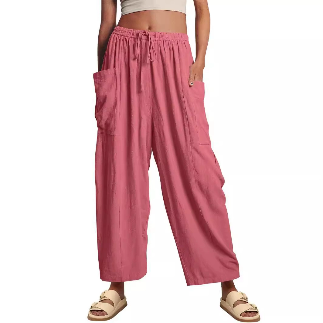 Summer trousers for leisure, (Cross-border trading), European style, elastic waist, mid rise, loose straight fit, cotton and linen